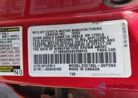 2004 Toyota Corolla Ce z USA, uszkodzony, nr VIN 2T1BR32E54C238415